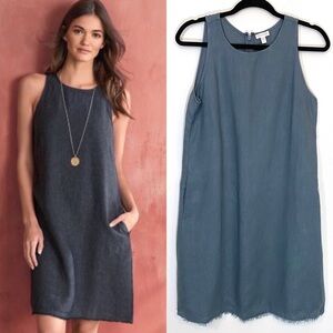 Garnet Hill Linen Fringe-Hem A-Line Dress Indigo Blue Grey
